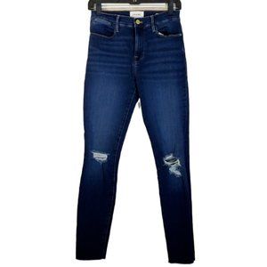 Frame Le High Colbert Fanning Skinny Distressed Knee Frayed Hem Blue Jean